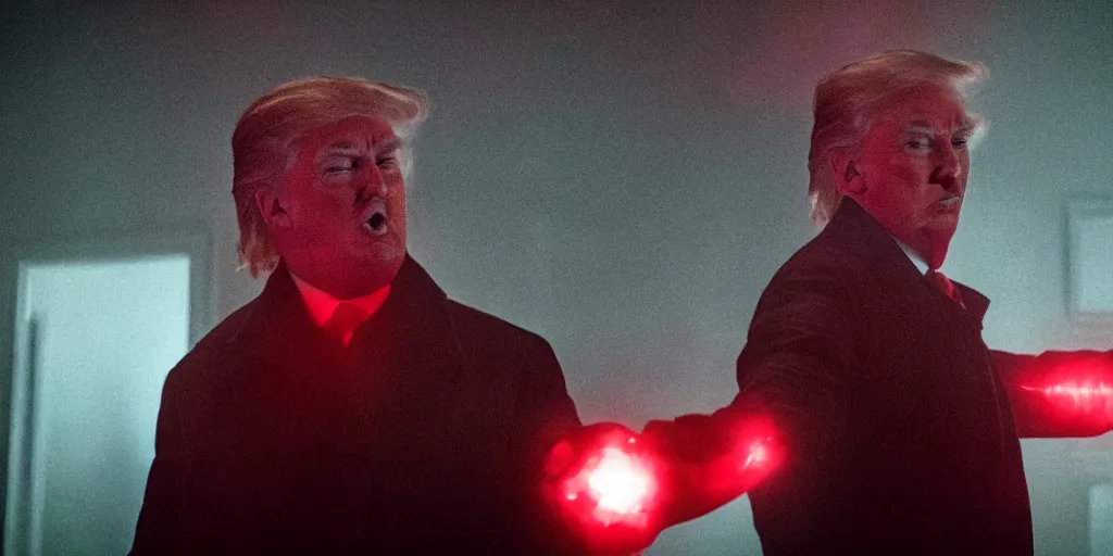 Image similar to movie still of donald trump in mandy ( 2 0 1 8 ) directed by panos cosmatos, film grain, night time, red glow, interior log cabin, cult meeting