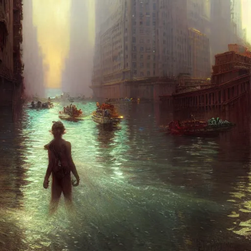 Image similar to modern new york city sinking in the ocean, water is entering. buildings, the whole city is half way underwater already, natural lighting, path traced, highly detailed, high quality, digital painting, by gaston bussiere, craig mullins, alphonse mucha j. c. leyendecker