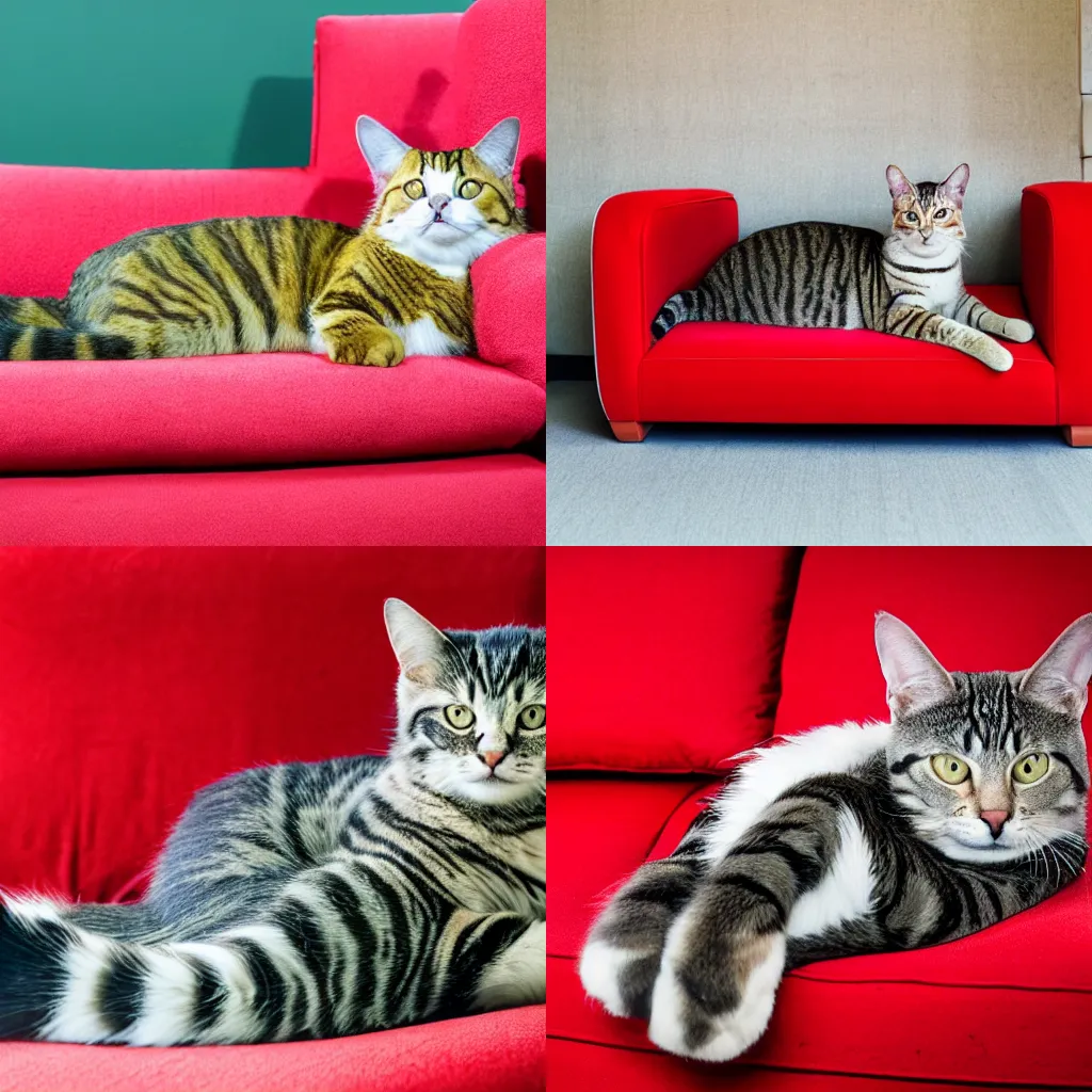 Prompt: orgne striped cat laying on a red sofa