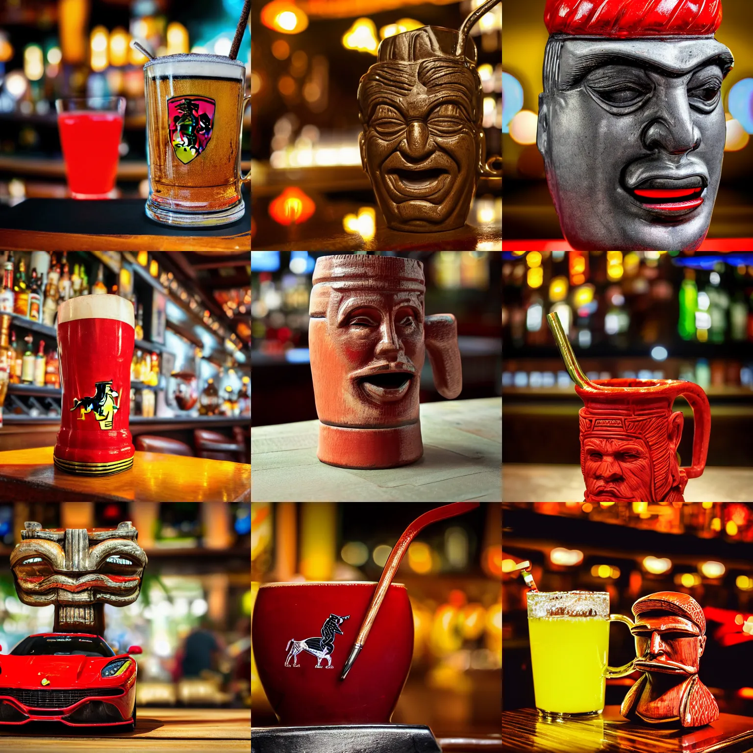 Prompt: a closeup photorealistic photograph of a ferarri themed tiki mug sitting at a trader vic's bar shaped like an enzo. tiki theme. bright scene. fine detail. this 4 k hd image is trending on artstation, featured on behance, well - rendered, extra crisp, features intricate detail, epic composition and the style of unreal engine.