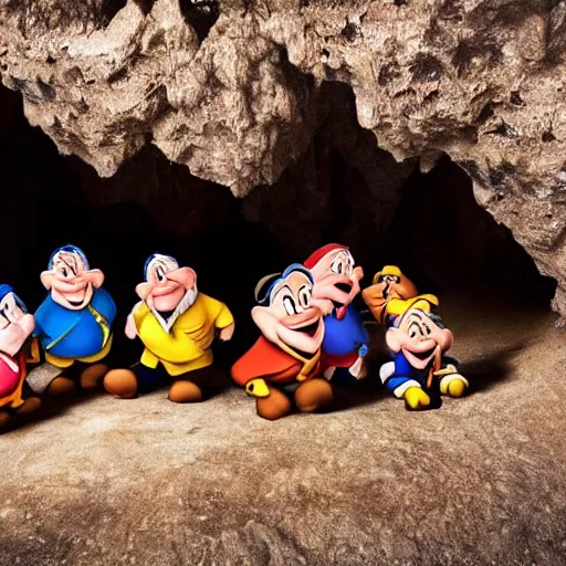 Prompt: seven dwarves mining for gems in the cave