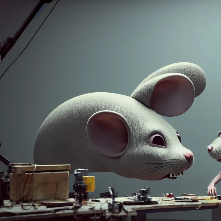 Prompt: crew of humans building giant mouse head in workshop, octane render, 4 k ultra hd, hyper - detailed, realistic, sharp focus, in style of beeple