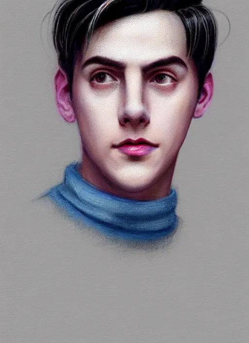 Image similar to portrait of teenage jughead jones wearing a light grey crown, crown, blue turtleneck, 1 9 5 0 s, closed eyes, photorealistic, black hair, glowing lighting, intricate, elegant, glowing lights, highly detailed, digital painting, artstation, concept art, smooth, sharp focus, illustration, art by wlop, mars ravelo and greg rutkowski