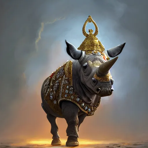 Image similar to detailed photorealistic painting of a one horned rhino wearing a highly detailed ornamented gold crown with diamonds, in a medieval knight armor with red cape , holding a chess piece, sharp focus in the style of ruan jia, Mandy jurgens, cinematic light, concept art, trending on artstation, ultra realistic