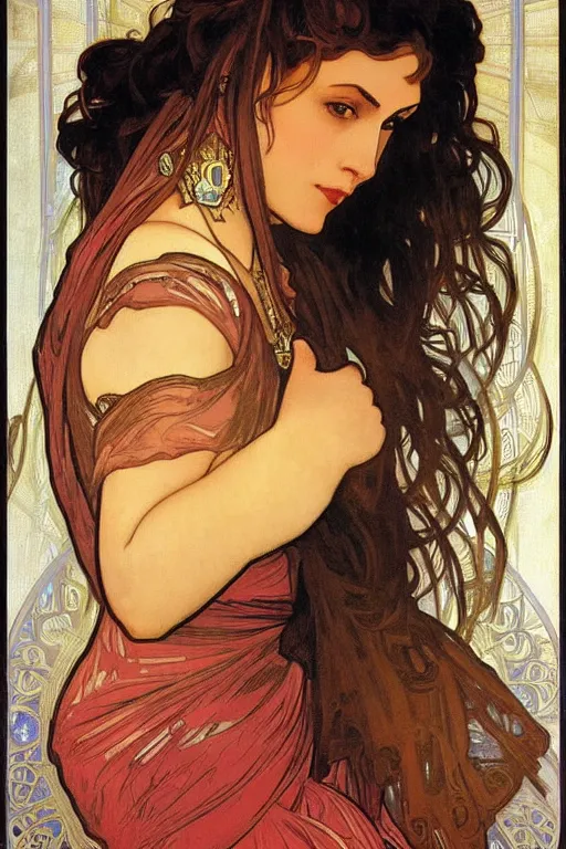 Image similar to portrait of monica belucci from the movie malena, artwork by alphonse mucha