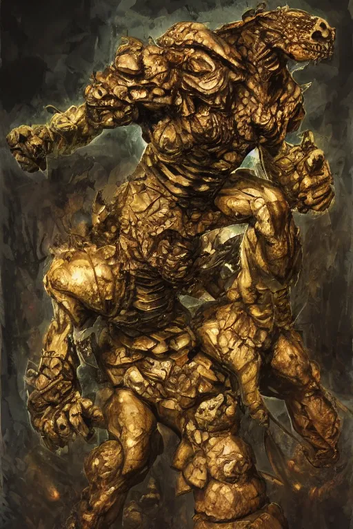 Image similar to dragonbone golem cursed by the donkeys, art by danny flynn and simon bisley, trending on artstation, halfrear lighting camera view from above naturalism, multiple exposure, oil and canvas, very very intricate, post - modernism