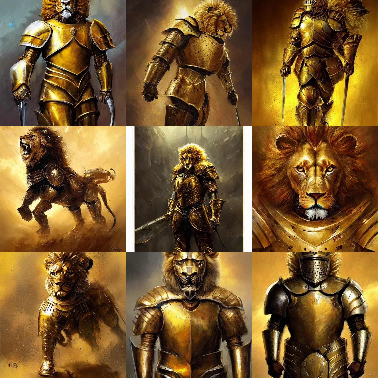 Prompt: lion knight in golden shiny armor art by Daniel Dociu detailed