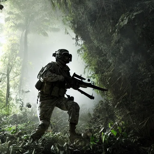 Image similar to Mercenary Special Forces soldier in light grey uniform with black armored vest and helmet launching an ambush attack in the jungles of Tanoa, combat photography by Feng Zhu, highly detailed, excellent composition, cinematic concept art, dramatic lighting, trending on ArtStation