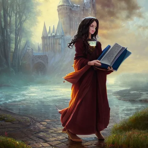 Prompt: an oil painting of a portrait of a beautiful hogwarts witch girl in gryffindor holding magic books, fairy tale, dreamy light, by wlop, greg rutkowski, thomas kinkade, super detailed, 3 d, hdr on, 4 k wallpaper