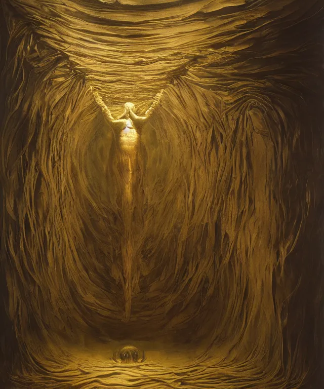 Image similar to The mirror room without doors and windows with beautiful full-body wax sculpture of a glowing transparent woman with visible golden bones inside it in the singularity where stars becoming baroque folds of dark matter by Michelangelo da Caravaggio, Nicola Samori, William Blake, Alex Grey and Beksinski, dramatic volumetric lighting, highly detailed oil painting, 8k, masterpiece