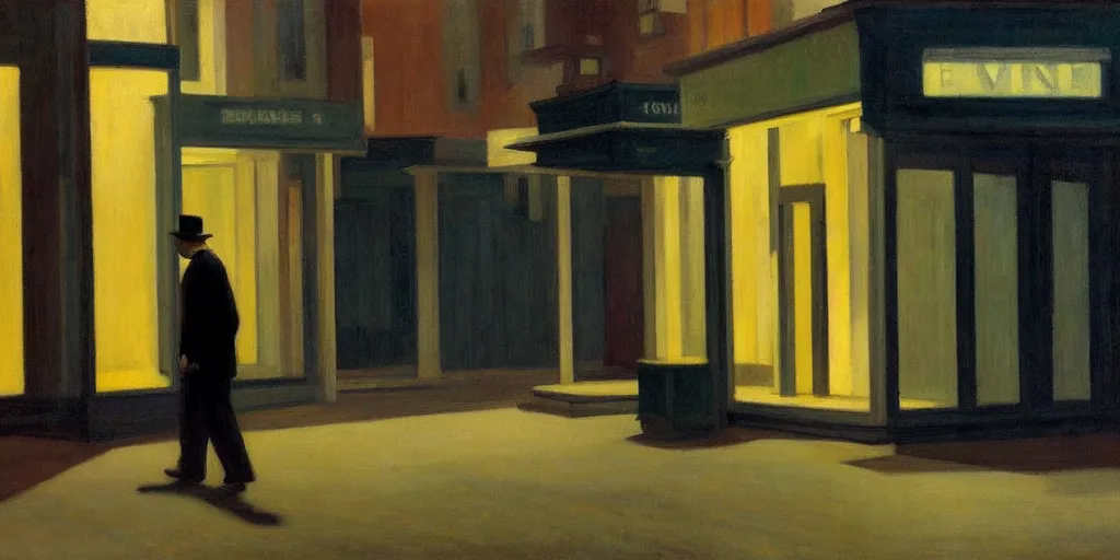 Image similar to a Edward Hopper painting of a bussiness walking alone in a empty street at night