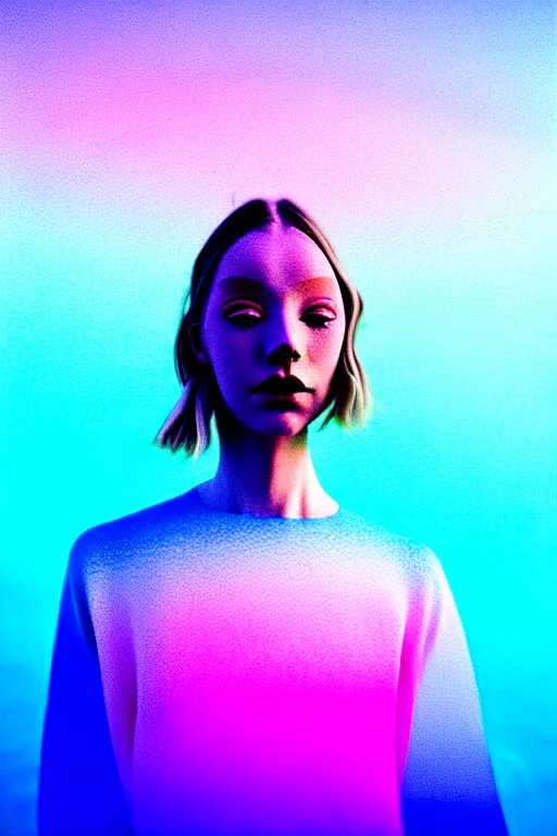 Image similar to high quality pastel coloured film close up wide angle photograph of a model wearing clothing swimming on cloud furniture in a icelandic black rock!! environment in a partially haze filled dreamstate world. three point light, rainbow. photographic production. art directed. pastel colours. volumetric clouds. pastel gradient overlay. waves glitch artefacts. extreme facial clarity. 8 k. filmic.