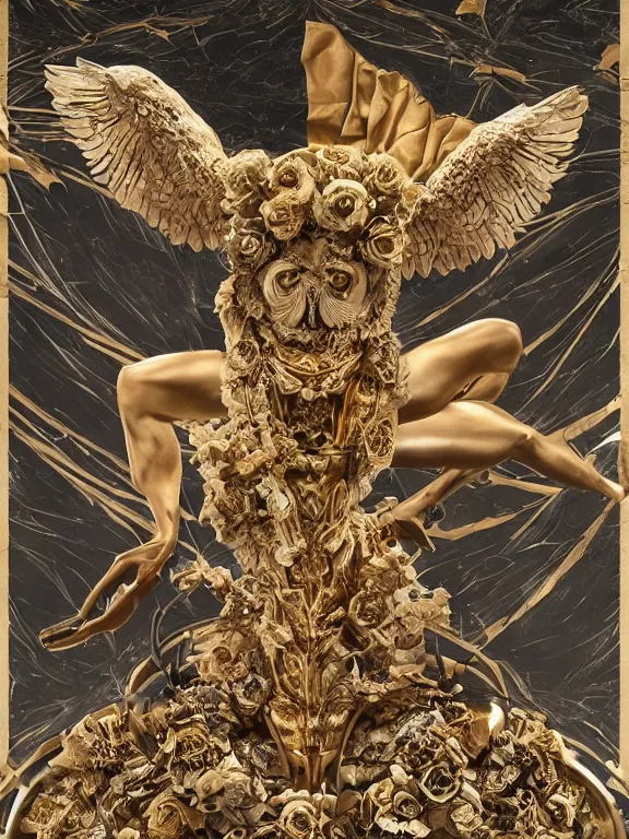 Prompt: Symmetrical painting of a fractured obsidian greek statue of an owl fixed with kintsugi, rendered in octane trending on cgsociety. Extremely detailed and intricate art, many roses in hands, dressed in a biomechanical dress of a demon by Roberto Ferri, stands in the pose of a super hero on a golden stone, silk, fabric, birds, flowers. red plastic. baroque elements, human skull. full-length view. baroque element. intricate artwork by caravaggio. birds on background. Trending on artstation. halo. octane render, cinematic, hyper realism, octane render, 8k, depth of field, bokeh. iridescent accents. vibrant. teal and gold and red colour scheme