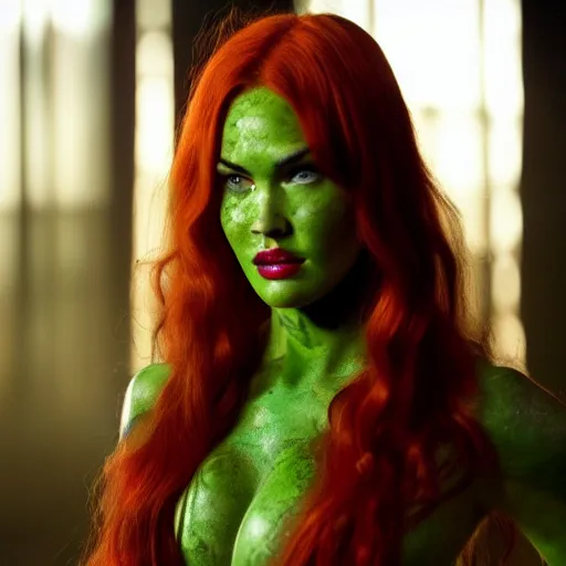 Image similar to stunning awe inspiring megan fox as poison ivy, movie still 8 k hdr atmospheric lighting