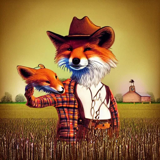 Image similar to a female fluffy anthropomorphic fox animal, head of fox, wearing cowboy hat, wearing plaid shirt, playing guitar, in a field, barn in background, album cover style