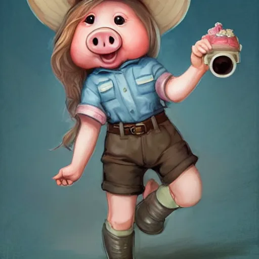 Image similar to cute little anthropomorphic funny female pig wearing shorts, a sunhat, boots and a pale blue shirt!! tiny!! fully clothed!!! small, short, cute and adorable, character art portrait, matte fantasy painting, deviantart artstation, by jason felix by steve argyle by tyler jacobson by peter mohrbacher, cinema