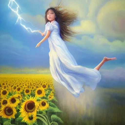 Image similar to a dreamy vision of girl slowly flying over amazing tall sunflower field, hair flowing, fog, early morning lightning, subtle, intricate details, real masterpiece, oil on canvas, by somsak anong