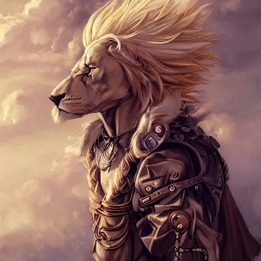 Image similar to aesthetic portrait commission of a albino muscular and attractive anthro lion as a greek steampunk god overlord with mane fur turning into industrial revolution smoke in the British clouds, fantasy art, hyperdetailed. Character design by charlie bowater, ross tran, artgerm, and makoto shinkai, detailed, inked, western comic book art, 2021 award winning painting