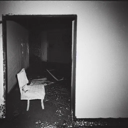 Prompt: Photograph of an abandoned 1940s bedroom with the woman from Kojima’s PT, dark, no lights, moist, taken using a film camera with 35mm expired film, bright camera flash enabled, award winning photograph, creepy, liminal space