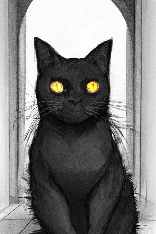 Prompt: black cat with glowing eyes sitting at the base of a flight of stairs, digital illustration, artstation, artstation hq, hd