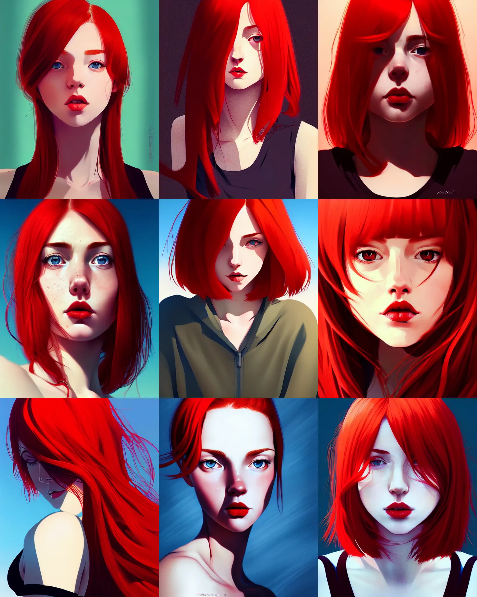 Prompt: a detailed portrait of an alluring!!!! woman with red hair and freckles by ilya kuvshinov, digital art, dramatic lighting, dramatic angle