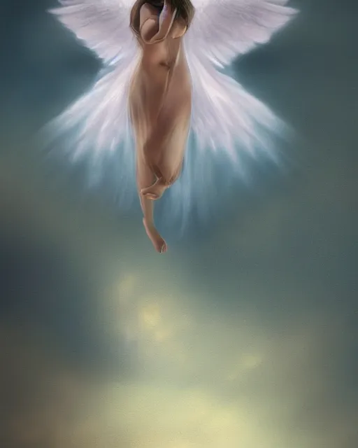 Image similar to woman turning into an angel levitating off the ground, by randy vargas, art station, smooth, focus