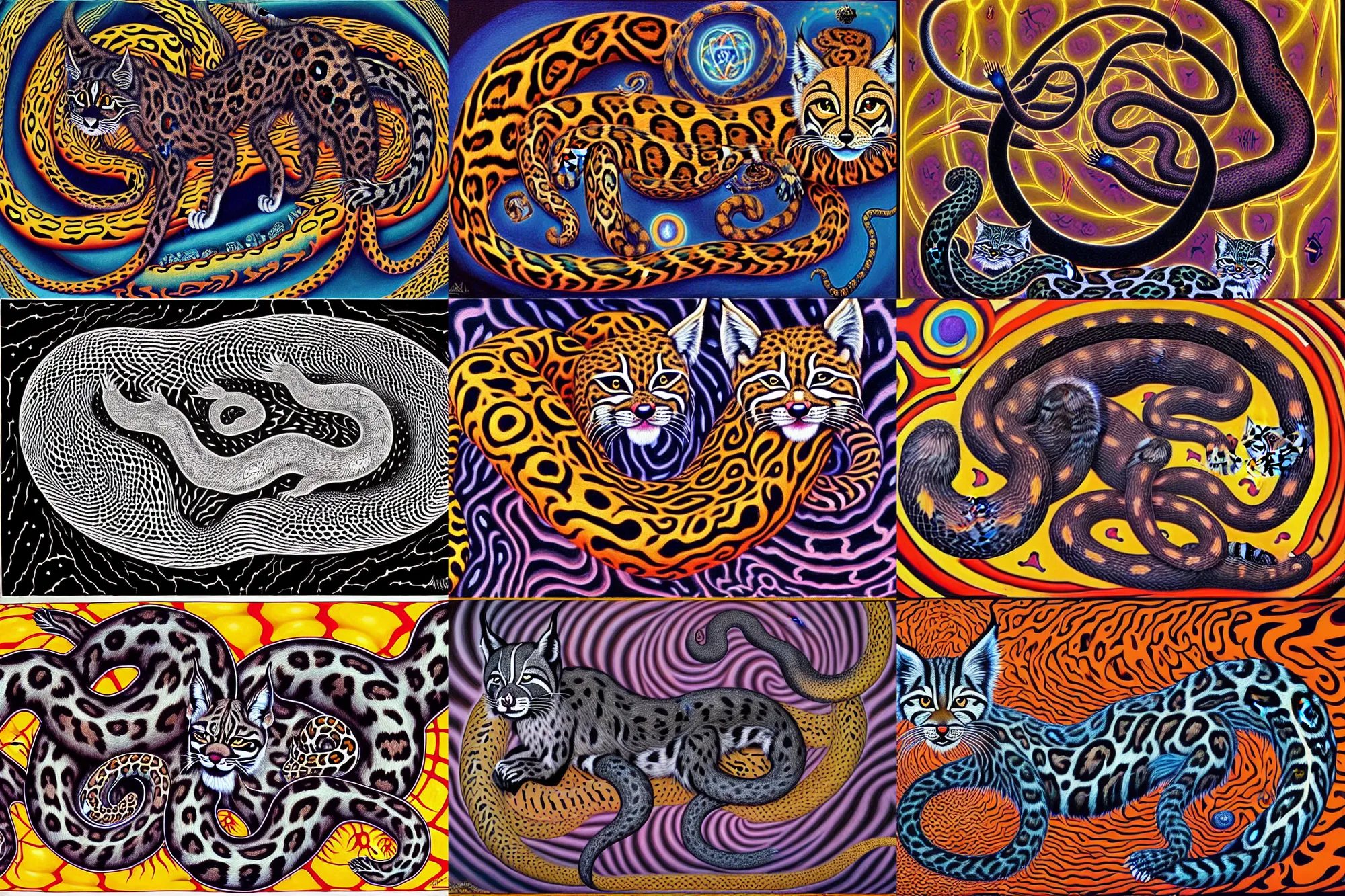 Image similar to a detailed painting of a magick polecat occult effigy beautiful lynx fur that is a crescent shaped leopard atomic latent snakes in between autobiological cybernetic ferret resurgence of snake phonkadelic ferret in the style of escher, alex grey, kubrick inspired by realism, symbolism, magical realism and dark fantasy, clear, crisp,