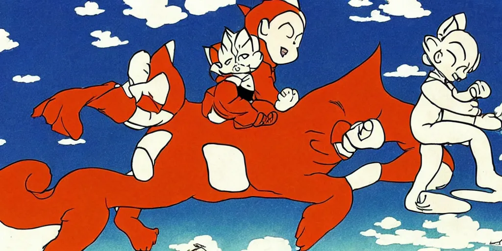 Image similar to astroboy riding a big maine coon cat, [ osamu tezuka ]