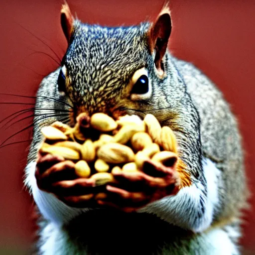 Image similar to squirrel, obese, with the face of walter white, eating nuts,