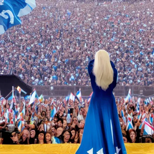 Image similar to Lady Gaga as president, Argentina presidential rally, Argentine flags behind, bokeh, giving a speech, detailed face, Argentina