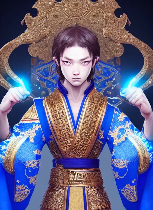 Prompt: male manchurian martial artist!!!! blue eyes!! intricate ornate blue robes!! character concept art, sharp focus, octane render! unreal engine 5! highly rendered!! trending on artstation!! detailed linework!! illustration by artgerm, wlop, and chie yoshii