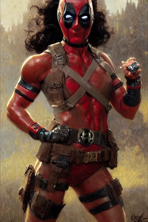 Image similar to muscular sweat girl wearing deadpool costume, covers with mud exhausted face close up, highly detailed painting by gaston bussiere, craig mullins, j. c. leyendecker 8 k