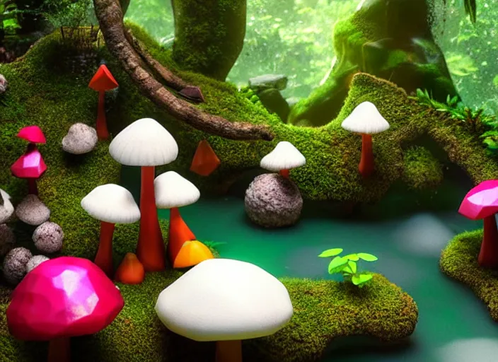 Prompt: low poly total of a porcelain garden las pozas, wide angle shot, soft focus, global illumination, radiant light, colorful aquatic plants, colorful mushrooms, puffballs, rhizomorphs, octane highly render, 4 k, ultra hd,