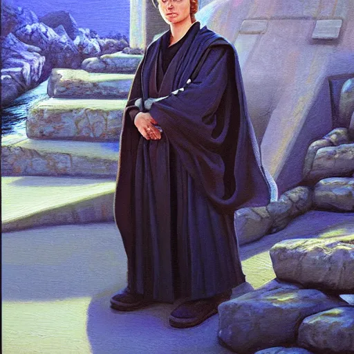 Image similar to anakin at the steps of the jedi temple, oil paint, art station, highly detailed, nighttime