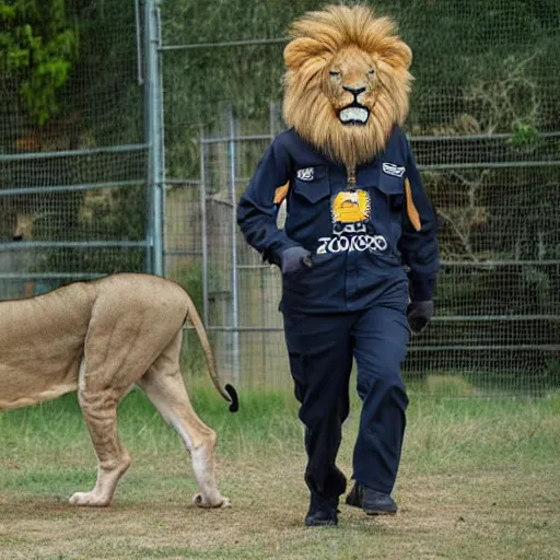 Prompt: a realistic lion walking upright wearing a zoo keepers uniform pretending to be a human trying to escape a zoo running away