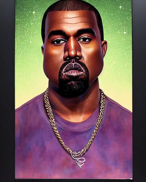 Prompt: kanye west in donda listening party mercedes benz stadium, airbrush, drew struzan illustration art, key art, movie poster