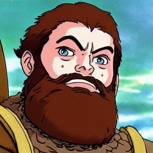 Image similar to gimli from the anime lord of the rings (1986), with ginger hair and a big beard, studio ghibli, very detailed, realistic