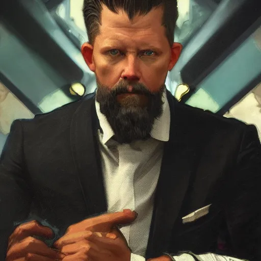 Prompt: Gavin McInnes wearing a suit in the Black Panther, sigma male, portrait art by alphonse mucha and greg rutkowski, highly detailed, digital painting, concept art, illustration, dim lighting with twilight rays of sunlight, trending on artstation, very detailed, smooth, sharp focus, octane render