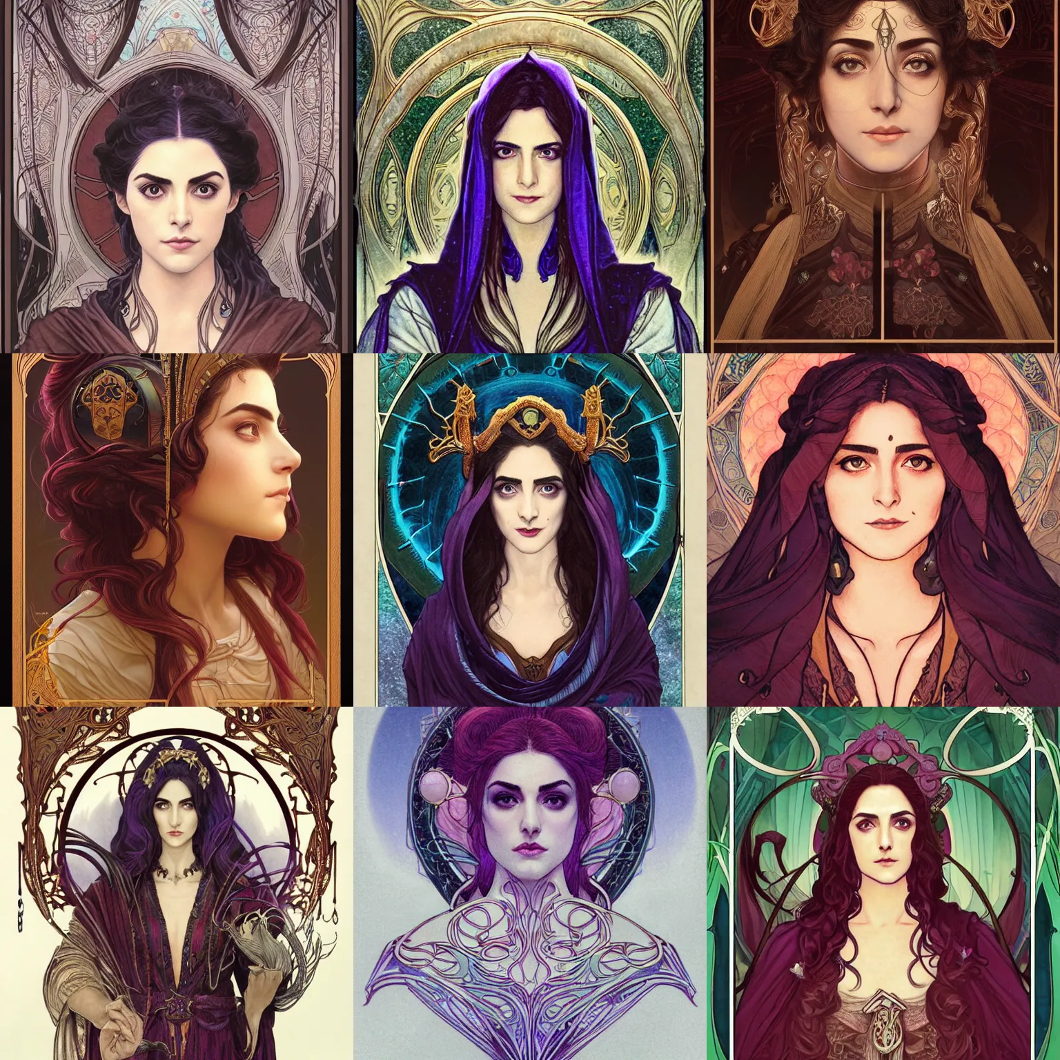 Prompt: masterpiece head-on symmetrical centered bust-view portrait, Maya Ali as D&D sorcerer, Art Nouveau style, wizard robe, fantasy, air brush shading, delicate, elegant, in the style of Greg Rutkowski and Moebius and Mohrbacher and ROSSDRAWS and Ross Tran and Alphonse Mucha and Ayami Kojima and Charlie Bowater and Jean Delville, Pixar, Maya engine, splash comics, tarot card style, Art Nouveau, rich bright colours