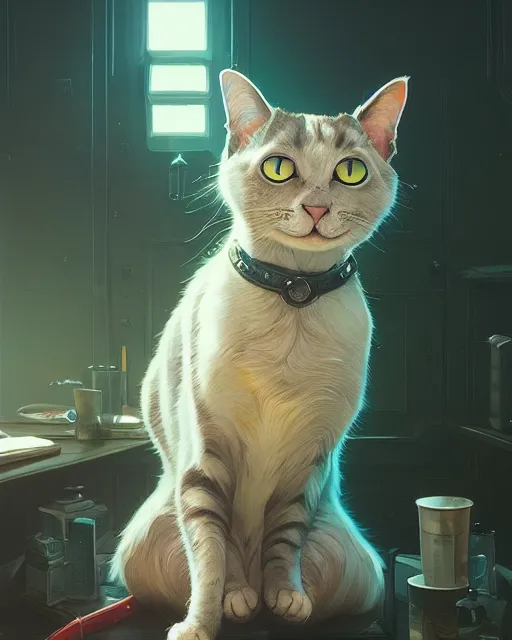 Image similar to highly detailed vfx portrait of a cat, stephen bliss, unreal engine, greg rutkowski, loish, rhads, beeple, makoto shinkai and lois van baarle, ilya kuvshinov, rossdraws, tom bagshaw, alphonse mucha, global illumination, detailed and intricate environment