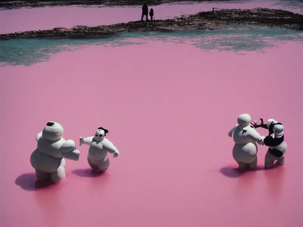 Image similar to 3 5 mm kodachrome colour photography of michelin man and stay - puft marshmallow man dancing in a pink lake, taken by harry gruyaert