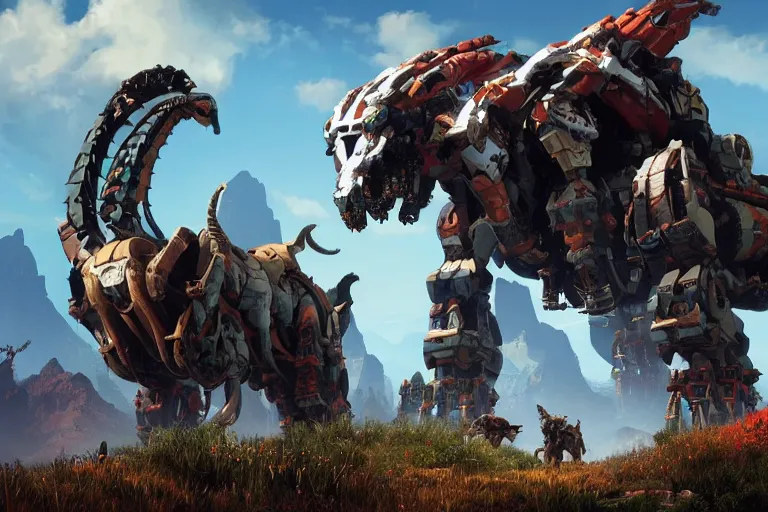 Image similar to grimhorn fanghorn machine mecha animal beast robot of horizon forbidden west horizon zero dawn bioluminiscence global illumination ray tracing hdr fanart arstation by sung choi and eric pfeiffer and gabriel garza and casper konefal