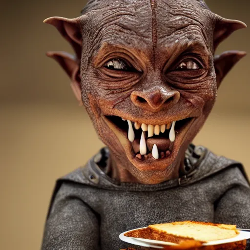 Image similar to closeup portrait of a medieval goblin eating cakes, depth of field, zeiss lens, detailed, symmetrical, centered, fashion photoshoot, by annie leibovitz and steve mccurry, david lazar, jimmy nelsson, breathtaking, 8 k resolution, extremely detailed, beautiful, establishing shot, artistic, hyperrealistic, beautiful face, octane render