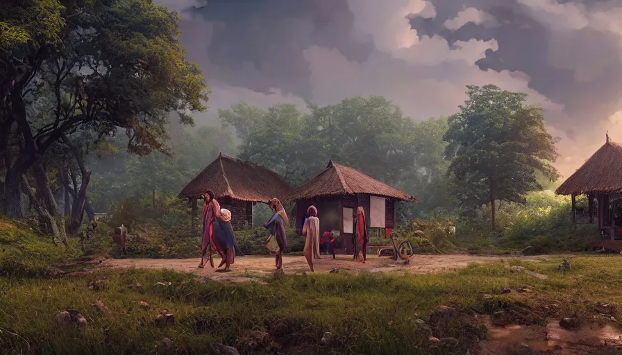 Image similar to very very small kerala village, by ilya kuvshinov, rtx rendering, octane render 1 2 8 k, maya, extreme high intricate details by tom bagshaw, medium shot, close up shot, composition by sana takeda, lighting by greg rutkowski