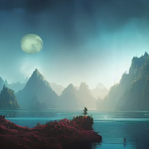 Image similar to A beautiful hyper realistic detailled matte painting of a microscoptic world of algea with ridges similar to mountains with billions of glowing micro trees emmiting a read and teal color by John Howe and Albert Bierstadt and Alena Aenami and dan mumford and dave noton, unreal engine, trending on behance