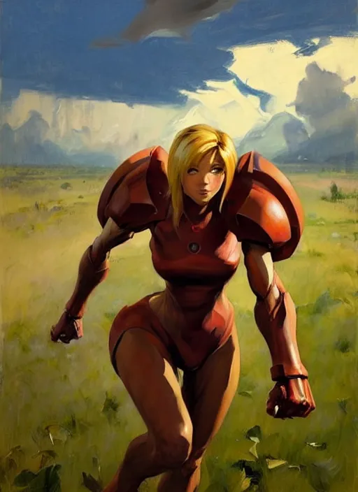 Image similar to Greg Manchess painting of Samus from Metroid Prime, countryside, calm, fantasy character portrait, dynamic pose, above view, sunny day, thunder clouds in the sky, artwork by Jeremy Lipkin and Giuseppe Dangelico Pino and Michael Garmash and Rob Rey, very coherent asymmetrical artwork, sharp edges, perfect face, simple form, 100mm