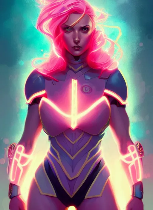 Prompt: style artgerm, joshua middleton, illustration, jessica alba as paladin, strong, muscular, muscles, pink hair, swirling yellow flames cosmos, fantasy, cinematic lighting, collectible card art