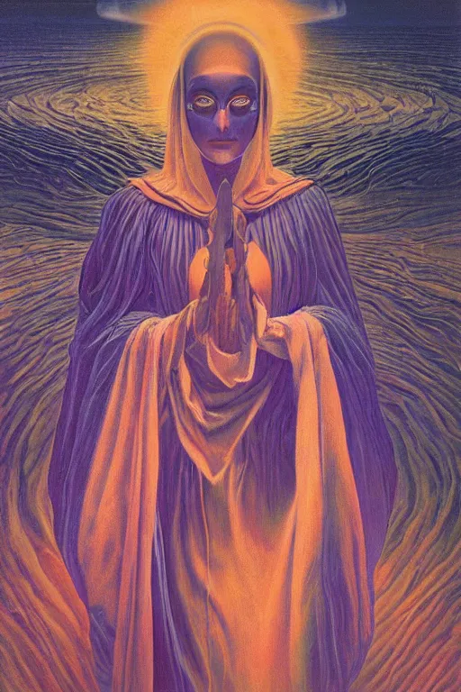 Prompt: gorgeous robed cult girl performing realism third eye ritual, positive dark theme night time, expanding energy into waves into the ethos, epic surrealism 8k oil painting, portrait, depth of field, perspective, high definition, post modernist layering, by Ernst Fuchs, Gerald Brom