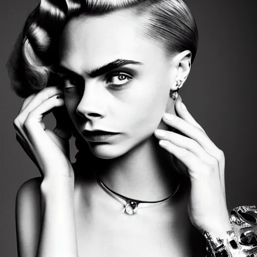 Image similar to photo of a gorgeous 20-year-old Cara Delevingne with 1930s hairstyle by Mario Testino, detailed, head shot, award winning, Sony a7R -