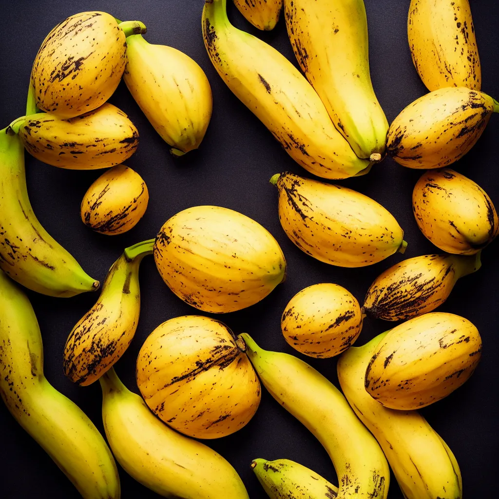 Image similar to fat spotted bananas in the shape of juicy open oranges, closeup, hyper real, food photography, high quality